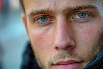 Fototapeta premium A close-up view of a person's face with a scarf wrapped around their neck and chin