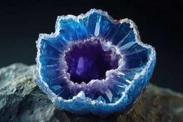 A blue and white crystal perched on top of a rock, with natural texture