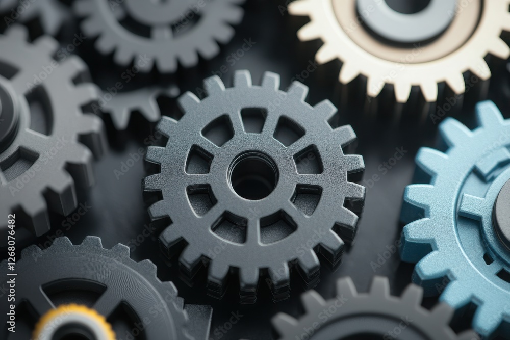 Poster close-up of various gears symbolizing engineering precision and machinery efficiency in industrial a