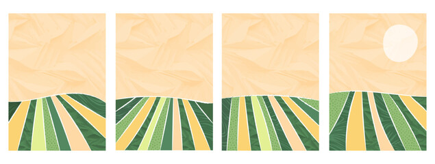 Green rice fields abstract illustration, patchwork design of farmland, eco-friendly layout. Aerial view, textured collage of organic patterns on the farm's landscape. Brochure, poster, vector template