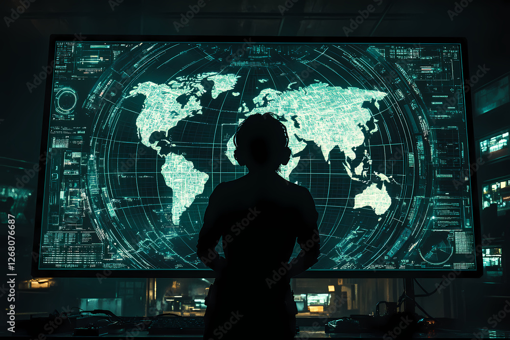 Poster global surveillance: a lone figure stands silhouetted against a large screen displaying a futuristic