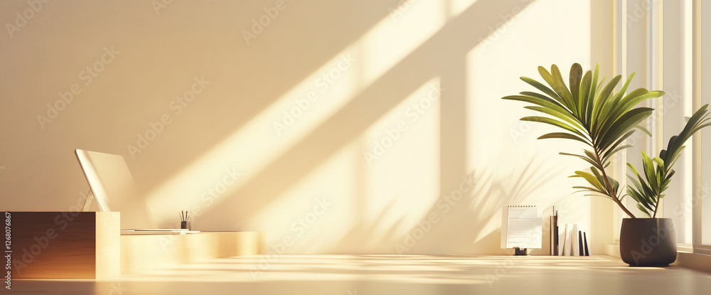 Poster minimalist office space with sunlight streaming in through large windows, featuring a desk, laptop, 