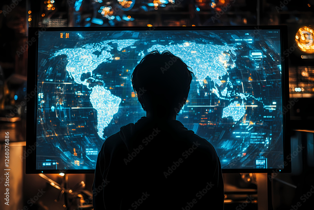 Poster global network: a solitary figure stands silhouetted against a large screen displaying a glowing wor