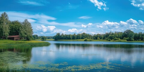 Fototapeta premium A serene lake scene with a small boat and surrounding trees, perfect for nature or outdoor-themed projects