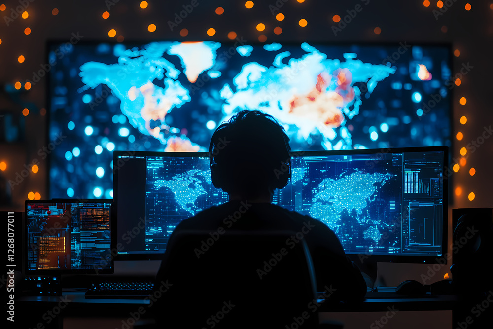 Poster global connectivity: a lone figure sits before a screen, the glow of the digital world illuminating 