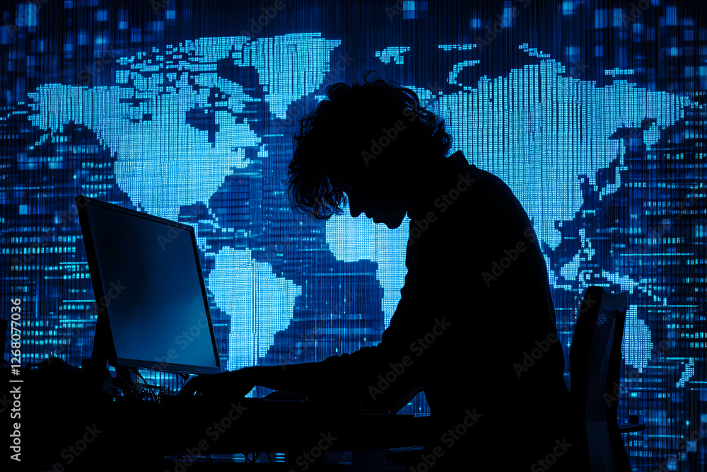 Poster hacker silhouette: a shadowy figure hunches over a computer, their face obscured in the dim light of