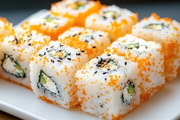 A plate of assorted sushi rolls on a table