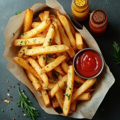 French fries isolated with sauce. Fried potatoes, chips. Fast food. Photo of French fries menu.