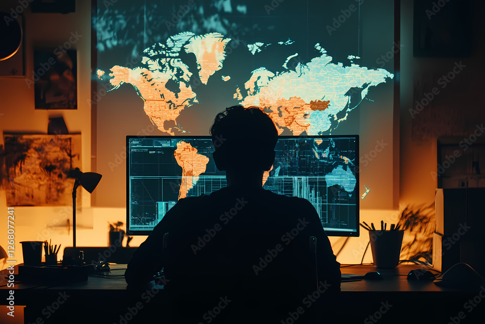 Poster global perspective: a solitary figure sits in a dimly lit workspace, their silhouette illuminated by