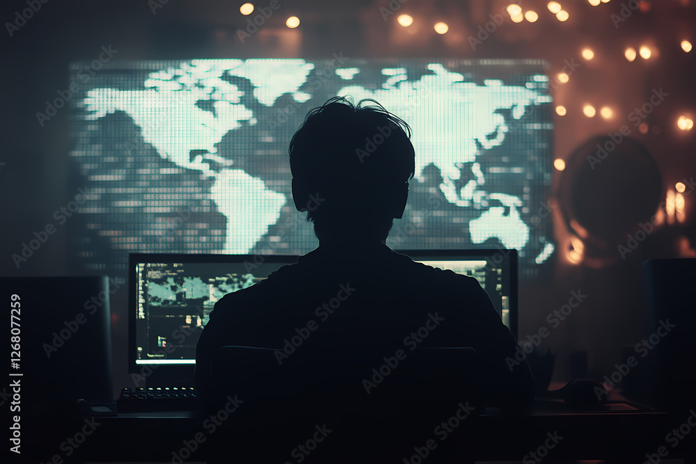 Poster cybersecurity enigma: a lone figure silhouetted against a backdrop of a digital world map, hints at 
