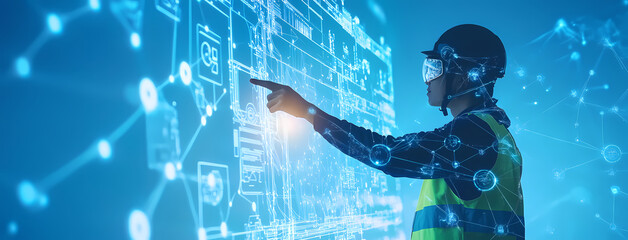 Engineer Using AR Headset: A construction worker wearing a safety helmet and high-visibility vest uses an augmented reality headset to interact with a holographic blueprint.