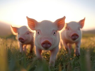 Three Cute Piglets in a Field at Sunset