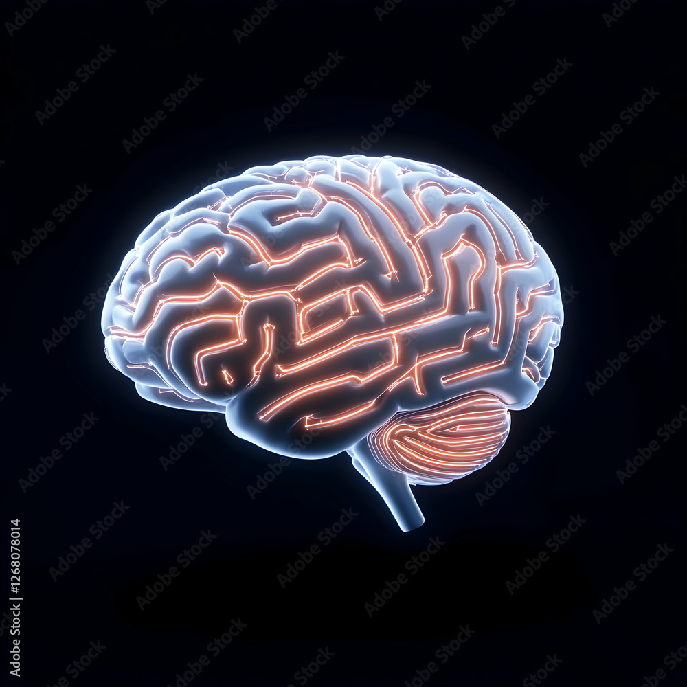 Poster a glowing, illuminated brain design highlighting intricate neural pathways