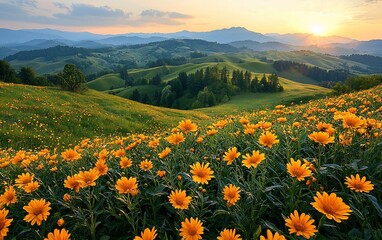 Fototapeta premium Sunset over rolling hills, wildflowers meadow