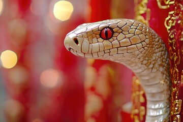 Obraz premium Close-up shot of a snake's head against a bright red background
