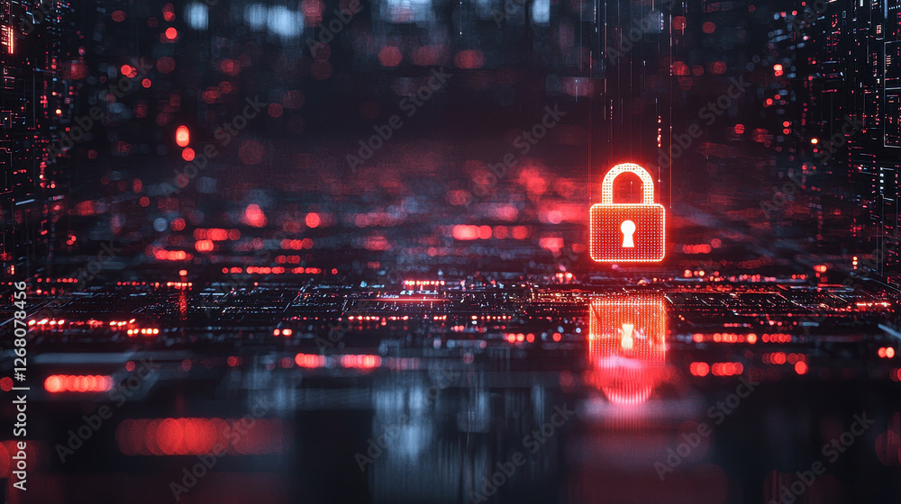 Poster encrypted padlock icon in a digital security environment with realistic lighting reflections