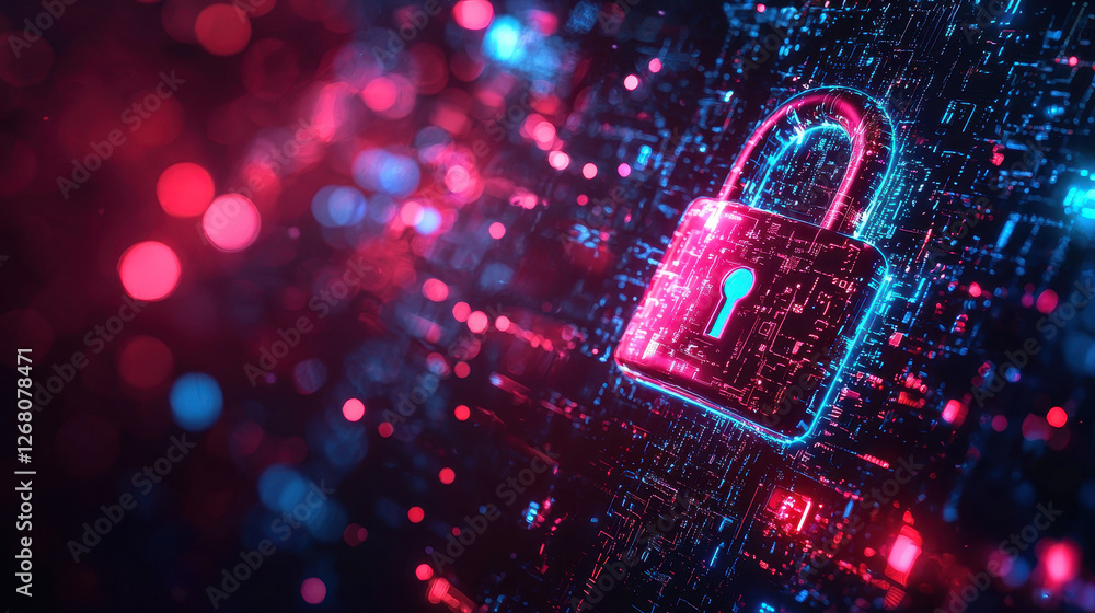 Poster close-up of an encrypted padlock icon in a digital cyber security environment with vibrant colors