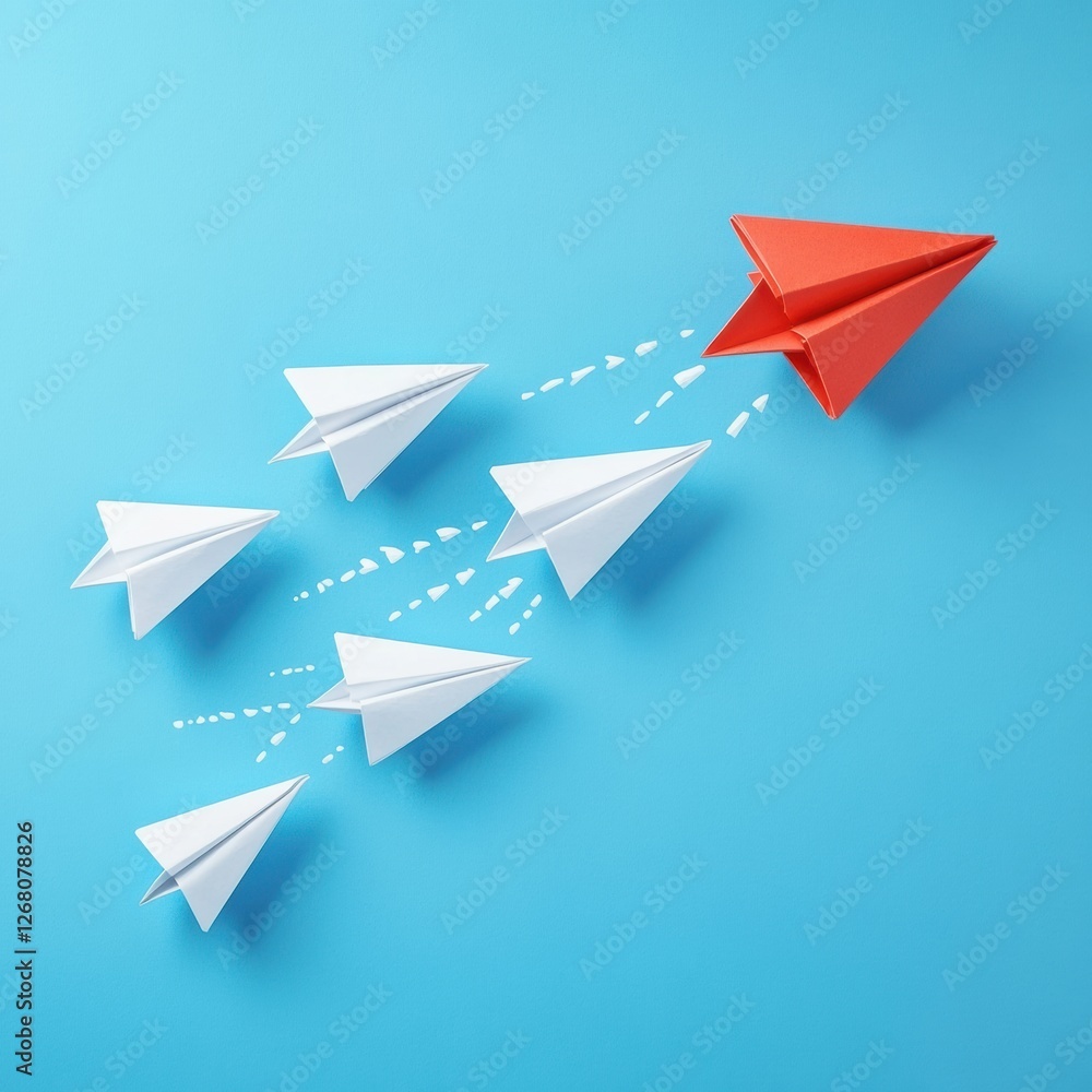 Poster Group of paper planes flying together with one red plane taking a different direction showcasing innovation and creativity. Generative AI