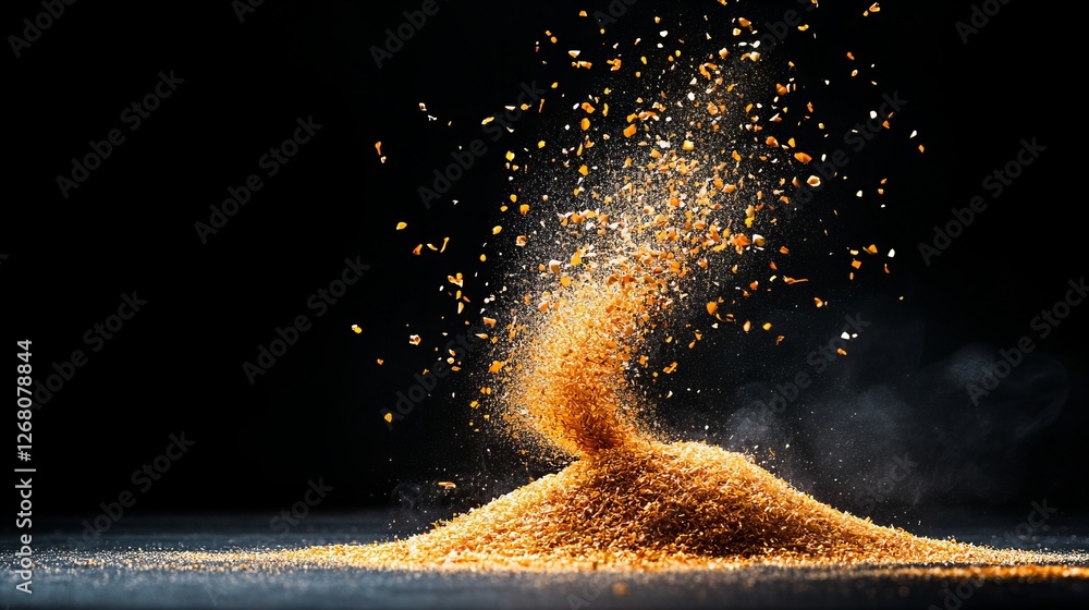 Poster golden particles explode against a dark background, creating a dramatic and captivating image. the t
