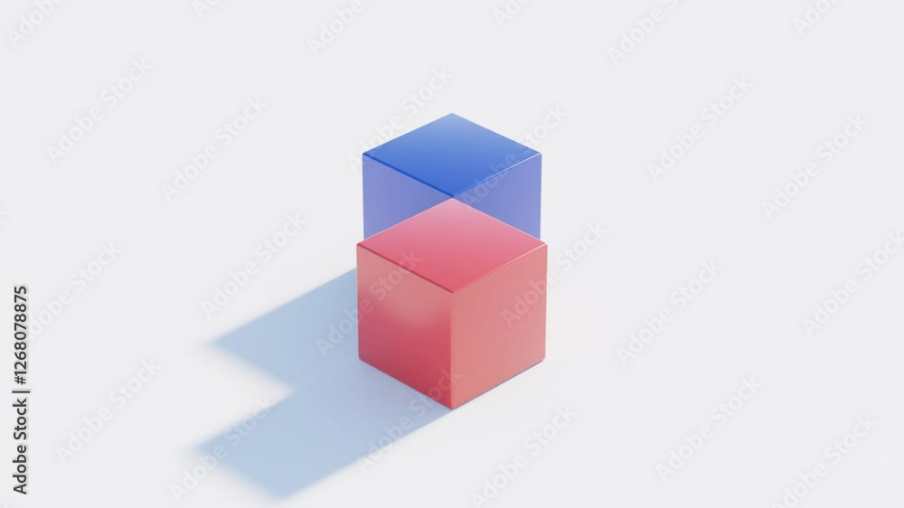 Poster abstract 3d animation, rotating cubes in bold red and deep blue, seamless looped motion for video ed