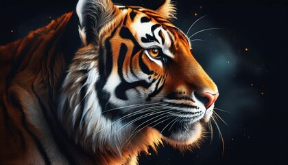Fototapeta premium majestic tiger muzzle in profile showcasing strength and beauty against a dark background