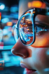 A close-up shot of a person's face with glasses on, perfect for illustrations or editorial use