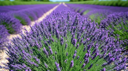 Obraz premium Lavender Field Rows Blooming Purple Flowers