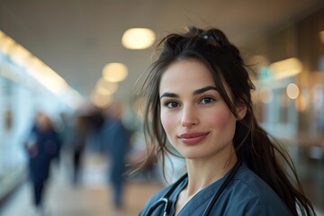 Obraz premium Confident Young Nurse in Scrubs Poses in Hospital Corridor, Surrounded by Medical Equipment and Charts