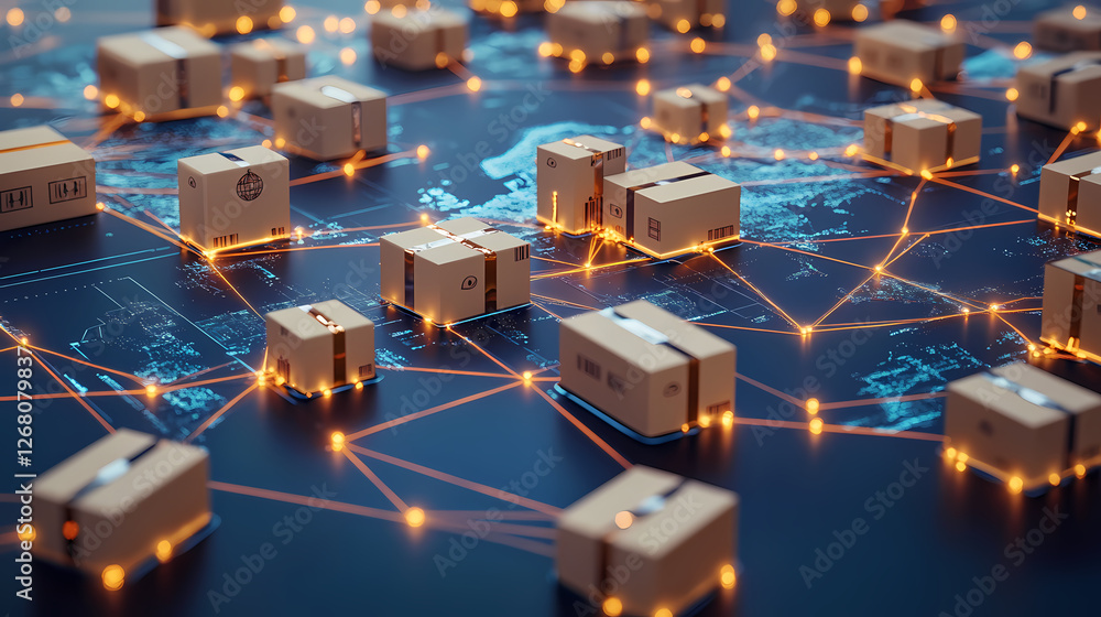 Poster global logistics network: a conceptual representation of interconnected cardboard boxes on a world m