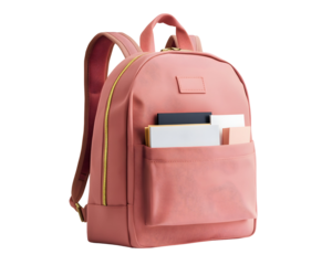 Pink backpack filled with school supplies, ready for the first day of school,