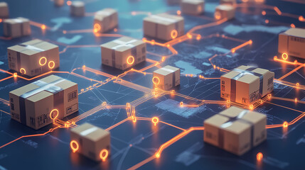 Global Logistics Network: A mesmerizing abstract illustration showcasing the intricate network of interconnected boxes, symbolizing seamless global logistics, delivery, and international trade.