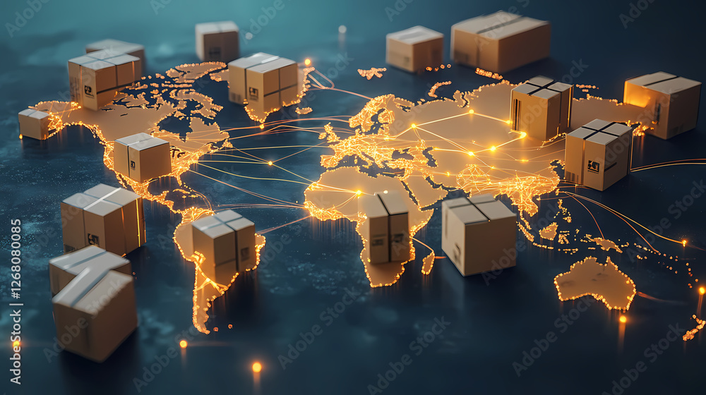 Aufkleber global commerce network: a vibrant map of the world illuminated by a network of golden lines, repres