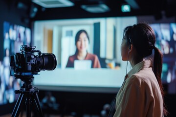A person viewing a video on a digital display, possibly for entertainment or education