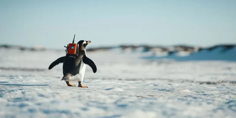 Gardinen An adorable penguin equipped with a backpack is exploring a snowy landscape with glee and curiosity © koldunova