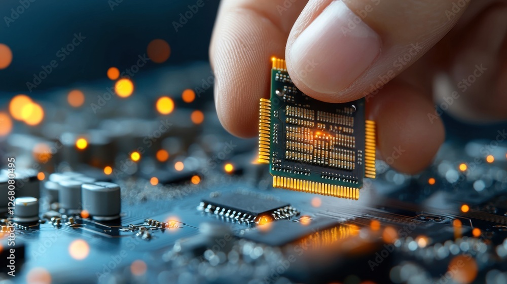 Poster hand installing microchip on circuit board