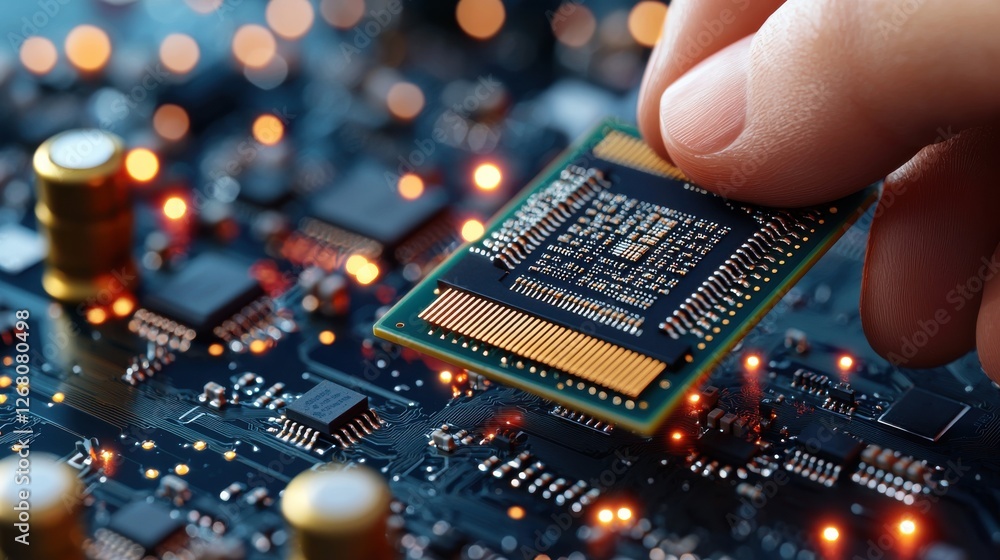 Poster hand installing microchip on circuit board