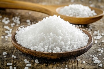 A wooden spoon filled with white sugar on a wooden table, great for baking or decorative purposes