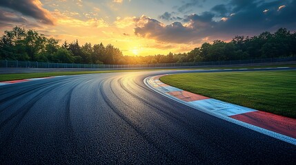 Naklejka premium Sunset race track curve, green trees background, speed, driving