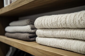 A wooden shelf stacked with multiple folded towels, perfect for a spa or bathroom setting