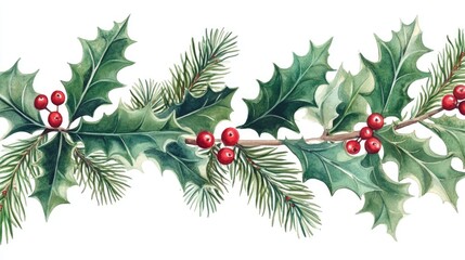 Watercolor illustration of holly leaves and berries, ideal for use in greeting cards, calendars, or holiday-themed designs