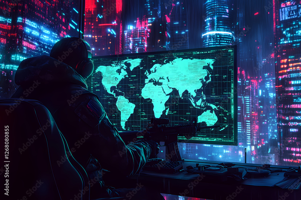 Poster cyberpunk world map: a hooded figure sits before a large monitor displaying a glowing world map, the