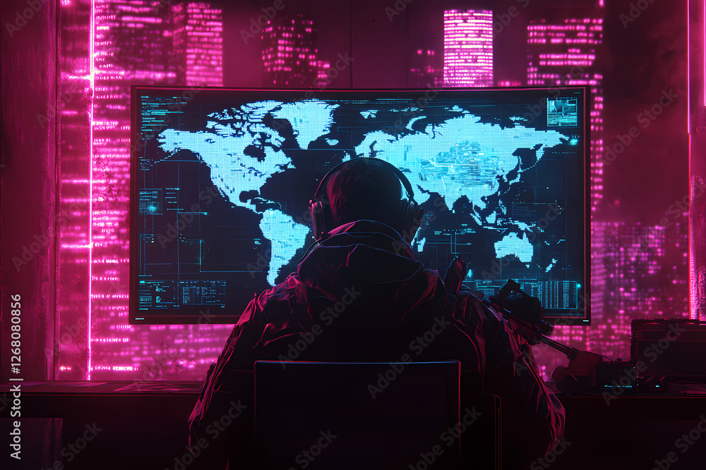 Poster global network surveillance: a mysterious figure sits before a large monitor displaying a world map,