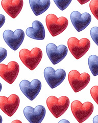 A vibrant and colorful pattern featuring red and blue hearts on a white background. Perfect for romantic themes, celebrations, or decorations. Ideal for various designs and crafts.