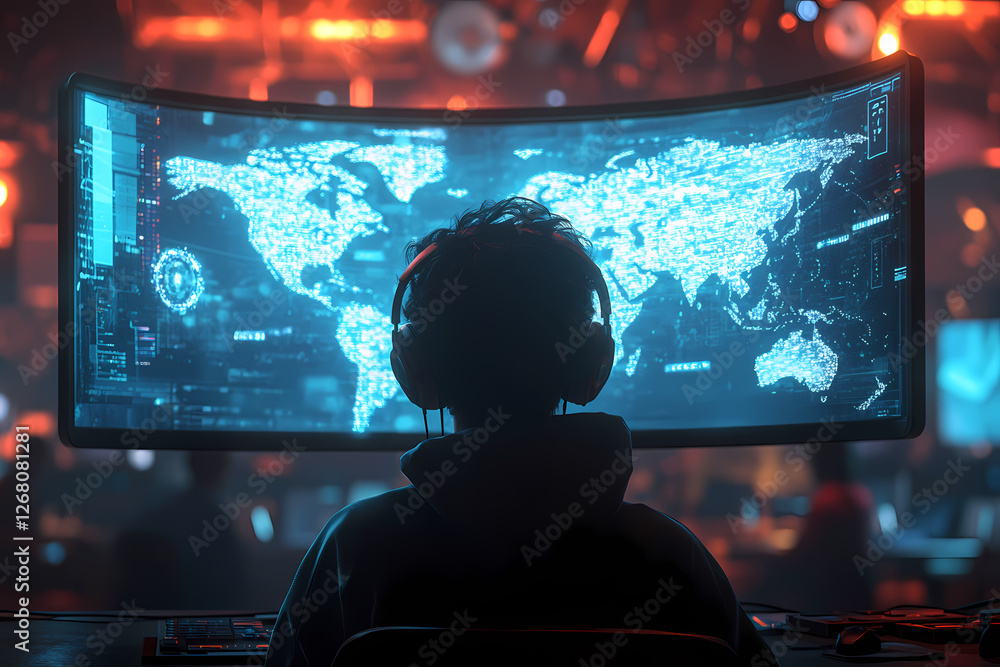 Poster cyber security guardian: a silhouette of a hacker, wearing headphones, intently monitors a massive c