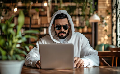 Mysterious Hacker: A man in a hooded sweatshirt and sunglasses sits in a cafe, intensely focused on his laptop. The dimly lit atmosphere adds to the air of mystery and intrigue.