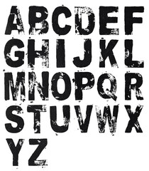 black lino ink abc letters, linocutting paint roller texture on white background. alphabet elements.