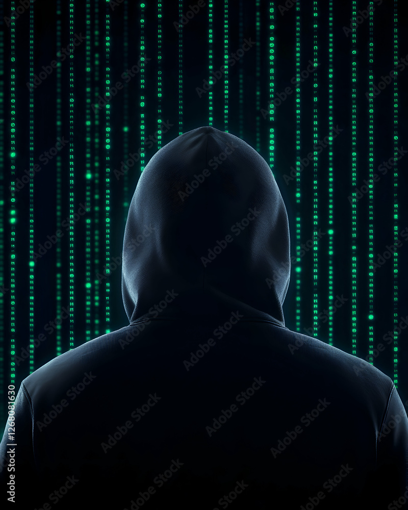 Aufkleber a mysterious figure wearing a hoodie stands against a backdrop of green binary code, representing th