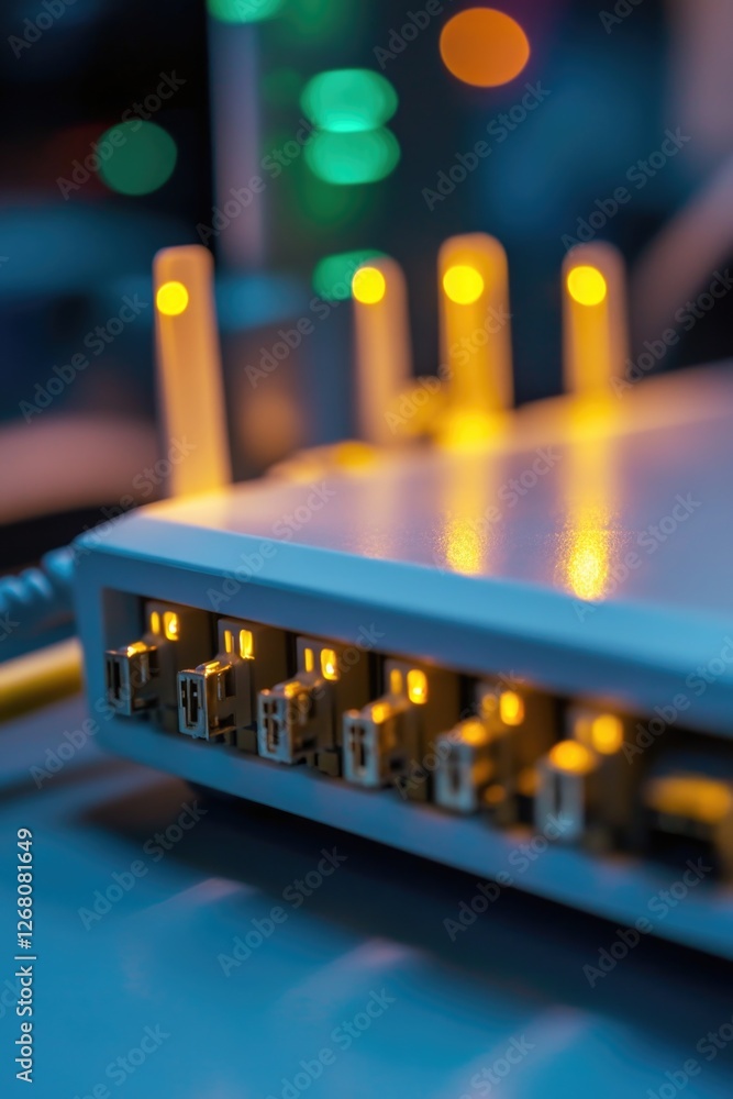 Poster close-up view of a route board displaying yellow lights, often seen in public transportation systems
