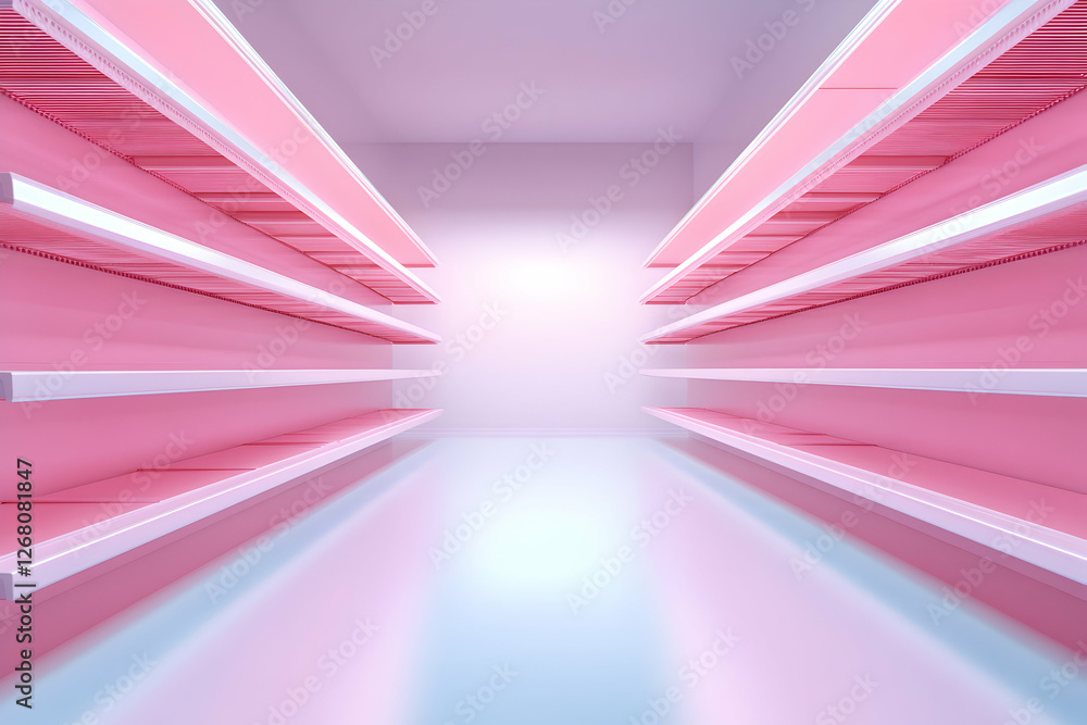 Aufkleber a minimalist view of an empty space with pink shelves and smooth flooring, creating a modern aesthet