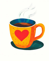 A vibrant illustration of a steaming mug with a heart design. This cheerful coffee cup adds warmth and comfort, making it perfect for any beverage-related project.